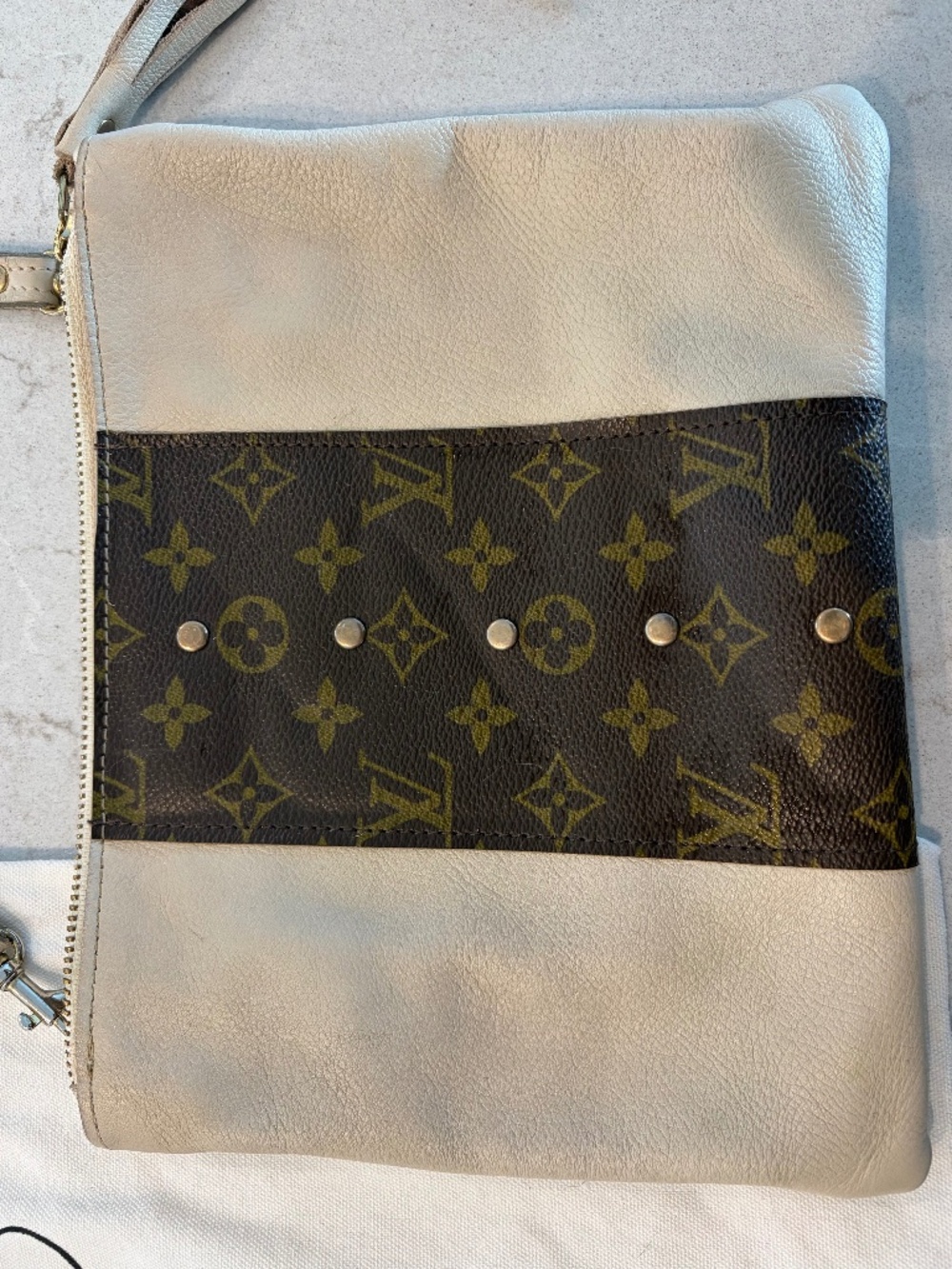 Beaudin Caroline Crossbody Cream and Brown Bag with Repurposed LV Monogram Panel